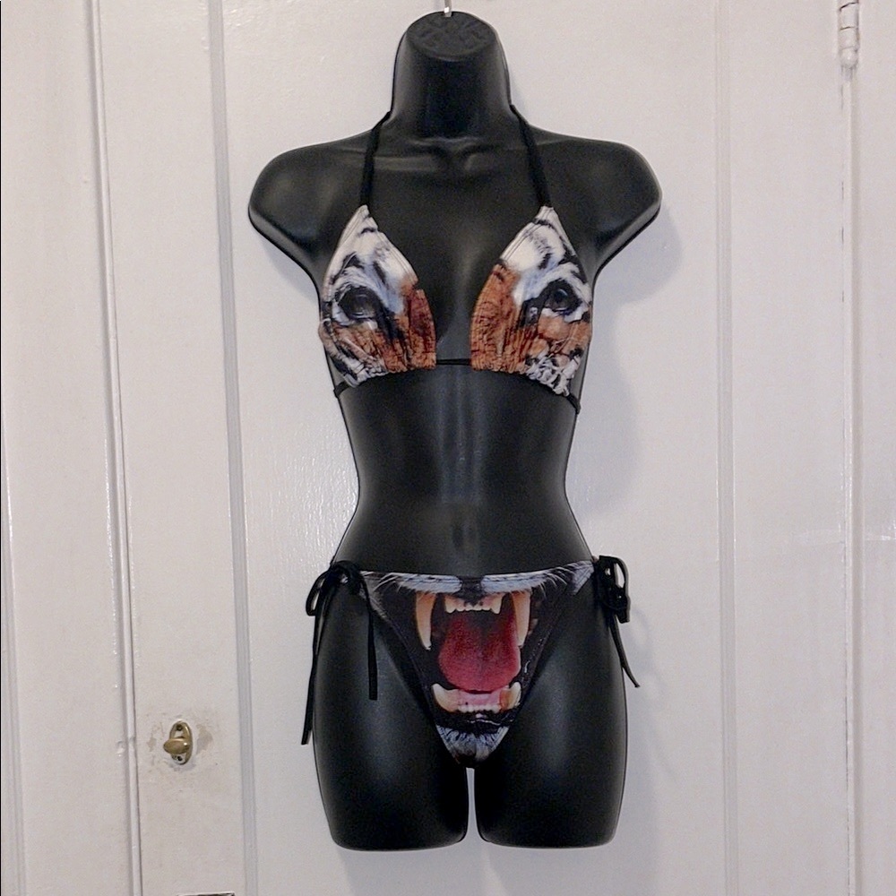 New Tiger Face Graphic 2 Piece String Tie Bikini Swimsuit Set, One Size - Picture 4 of 11